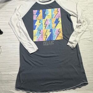 AC/DC Graphic T-Shirt Dress Womens Small Grey White Raglan Lightning Bolt Rock